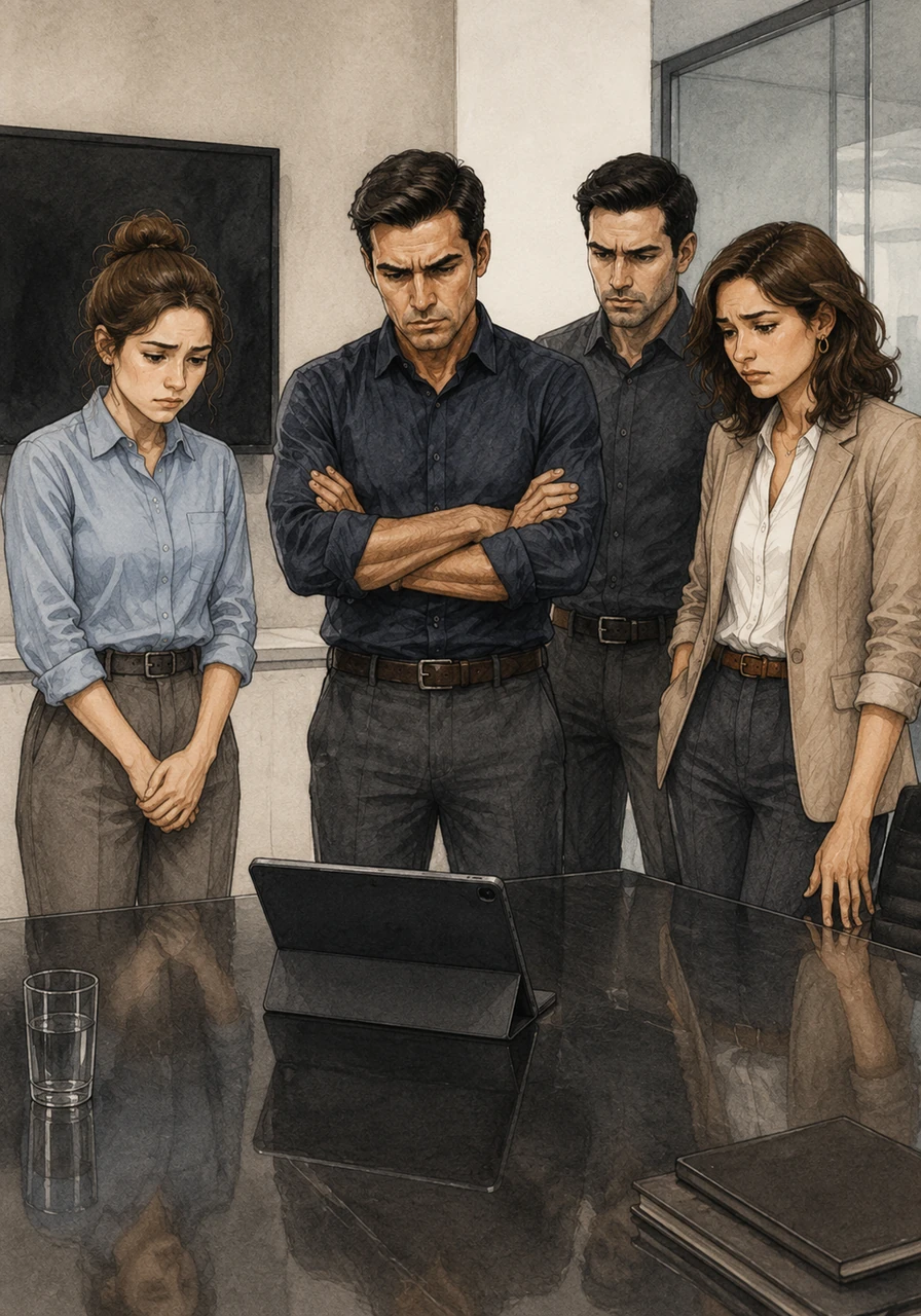 The entire team gathers nervously around a sleek conference table for the final presentation to Andrés. The client crosses his arms and frowns deeply at the demo tablet in front of him, expressing bitter disappointment with the final product. Sofía looks down in dismay while Laura shrinks back slightly, the heavy silence in the room confirming their collective failure to align.