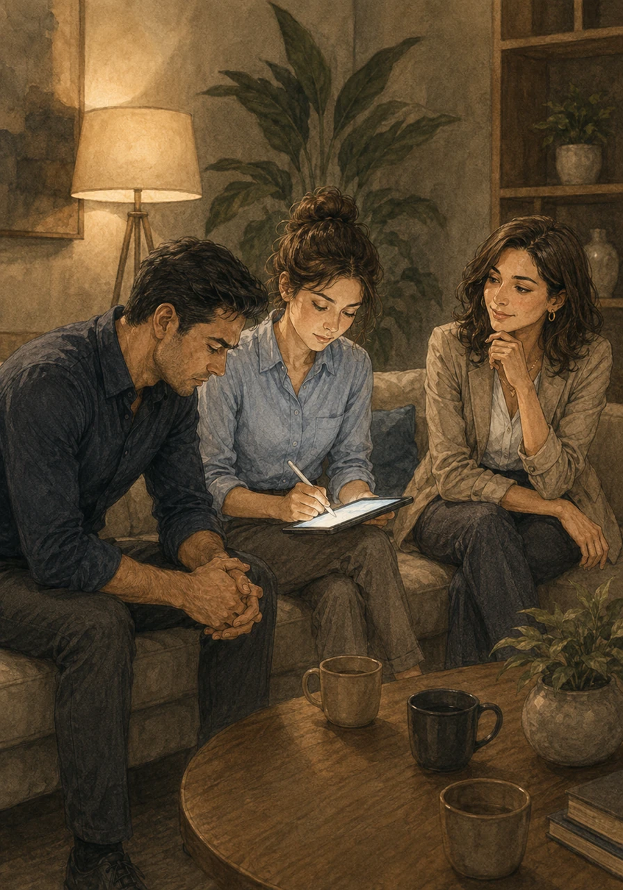 After the chaotic meeting, the team retreats to a quiet lounge, looking exhausted but deeply reflective. Carlos sits with his head lowered, open to listening rather than blaming, while Sofía takes notes on a tablet. Laura looks at her colleagues with a sense of relief, realizing that everyone finally understands that programming was the easy part compared to truly listening.