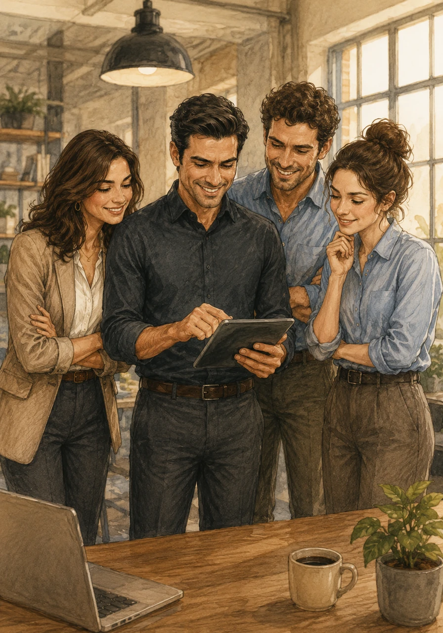 On the final launch day, Andrés triumphantly taps the screen of the newly completed platform, his face lighting up with genuine satisfaction. Laura, Carlos, and Sofía stand together proudly, watching their successful creation compile flawlessly. They celebrate not just a beautiful piece of software, but the powerful communication that brought it to life.