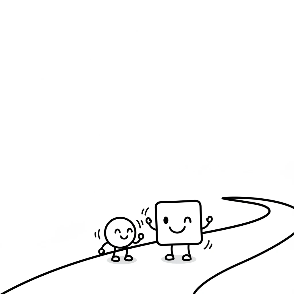 As Pip rounded a gentle bend, it met a friendly, square shape named Block. Block had a cheerful smile and was also exploring the world. They greeted each other with happy wiggles.