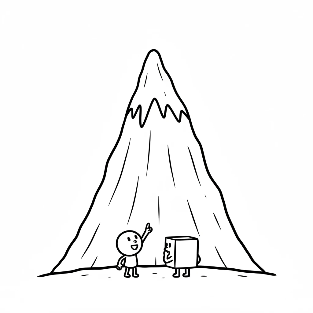 Soon, Pip and Block saw a huge, pointy triangle rising up in front of them. It was a tall, wobbly mountain that seemed to touch the top of the page. It looked like a fun challenge to climb.