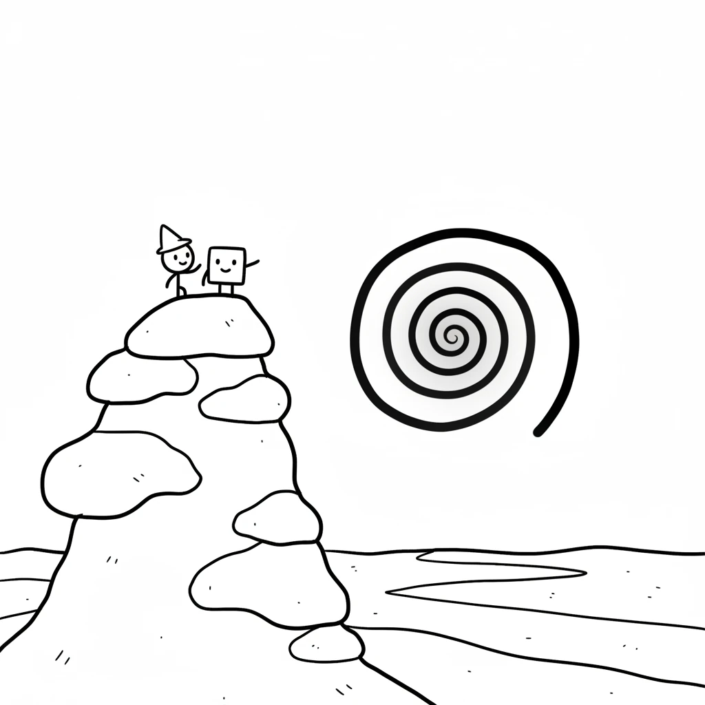 From the very top of the wobbly mountain, Pip and Block could see everything! In the far distance, a beautiful, swirling spiral shape caught their eyes. It glowed with a soft, inviting energy.