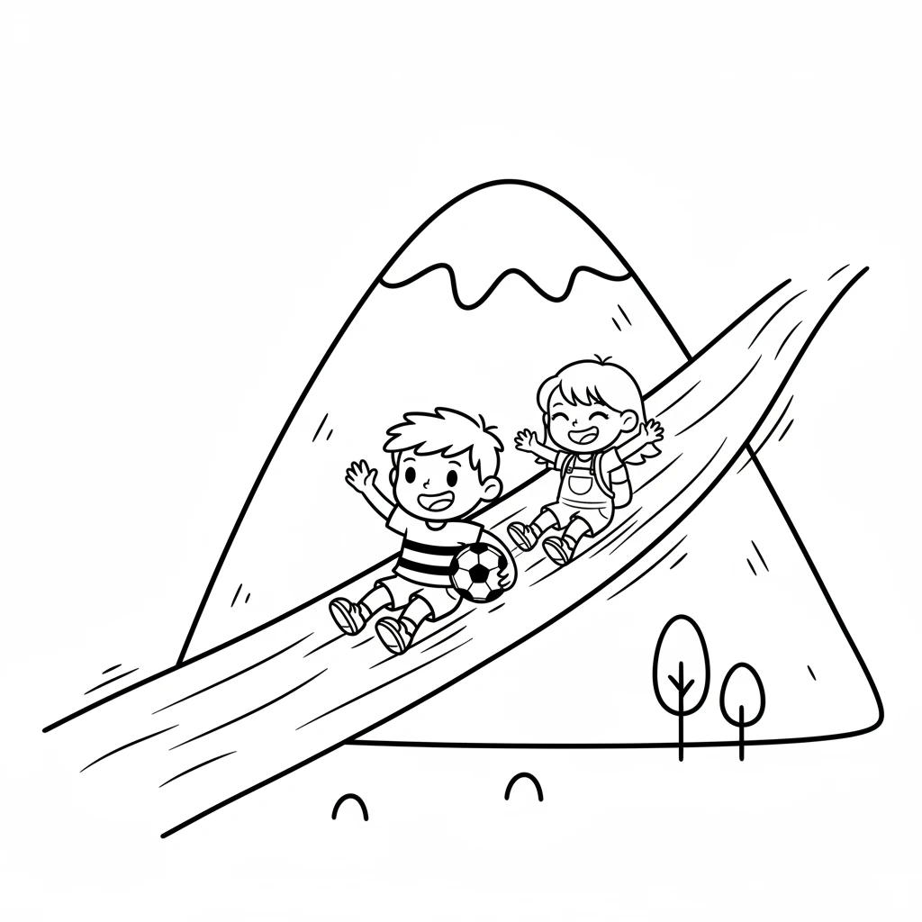 Sliding down the other side of the mountain was even more fun! They followed a new, wavy line that looked like a little river. The journey felt exciting and full of surprises.