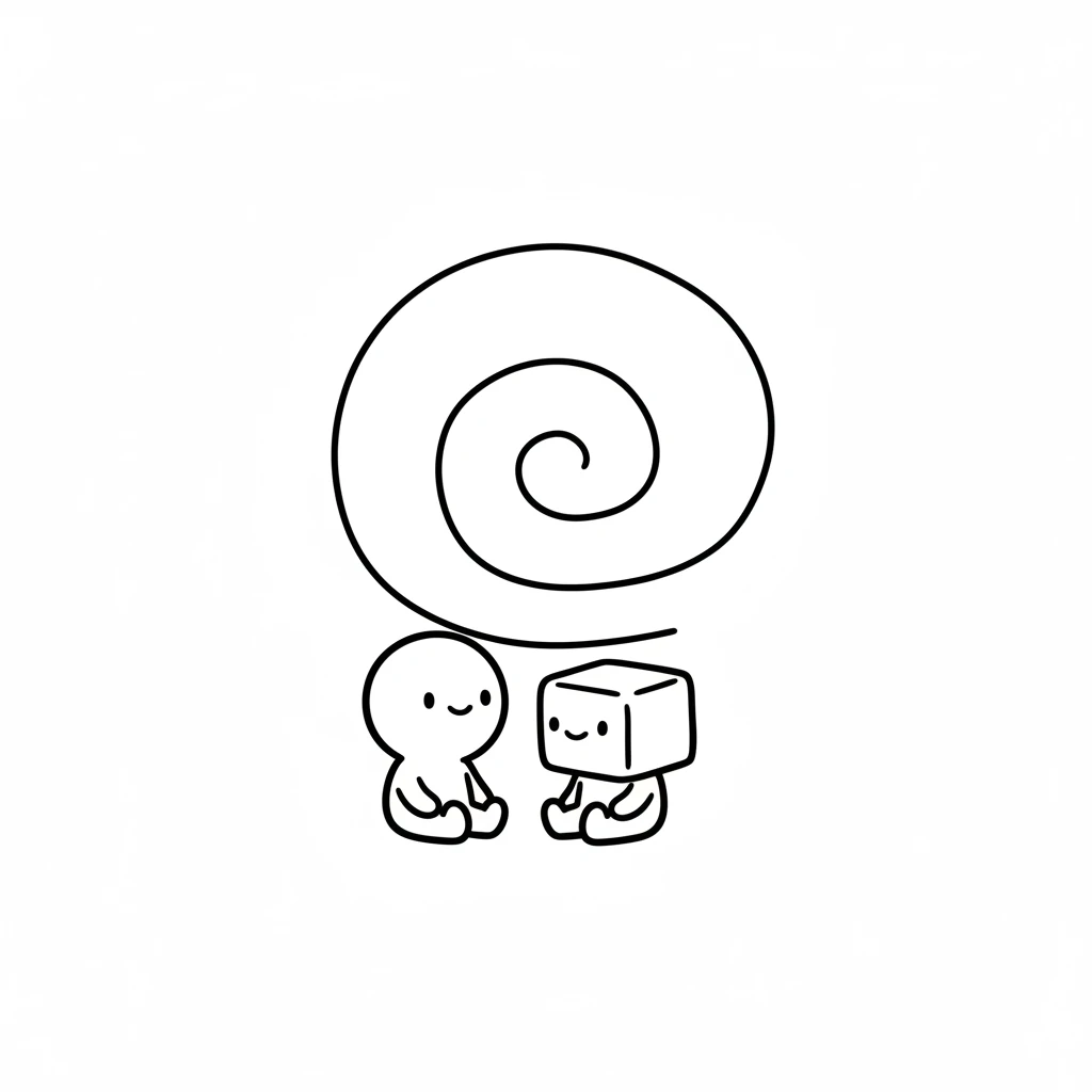 Pip and Block sat quietly beside the gentle spiral, happy and content. They had explored their simple world and made a wonderful friend. Their journey was complete, for today.