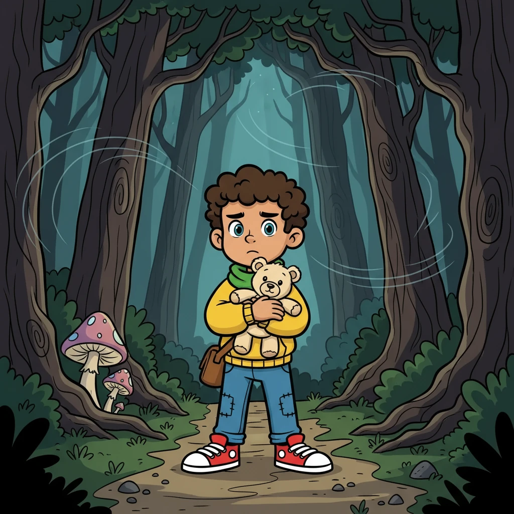 Leo, a small boy with bright, curious eyes, stood at the edge of a towering, shadowy forest. The forest seemed to whisper secrets he couldn't quite understand, and a knot of worry tightened in his stomach. He clutched his favorite stuffed animal, a fluffy bear named Barnaby, for comfort, his heart pounding a nervous rhythm.