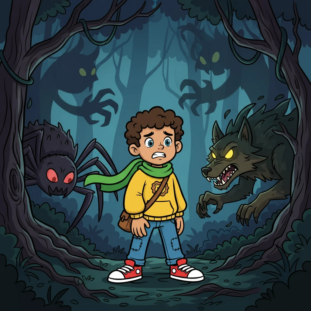 Inside the forest, the shadows danced and twisted, taking on monstrous shapes that Leo's imagination conjured. He saw giant spiders with glowing eyes and snarling wolves lurking behind every tree. The air grew heavy with the feeling of being watched, and Leo felt his fear begin to grow, looming larger than anything around him.
