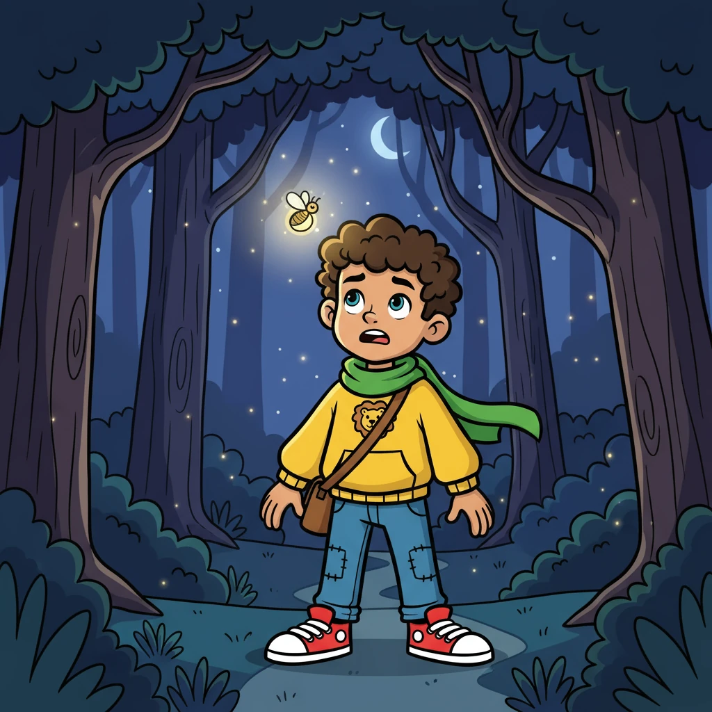Suddenly, a tiny spark of light flickered in the darkness. It was a small, glowing firefly, and it buzzed around Leo's head. The firefly, which Leo named Lumi, seemed to understand his fear, and it gently guided him deeper into the forest, its light a beacon of hope.