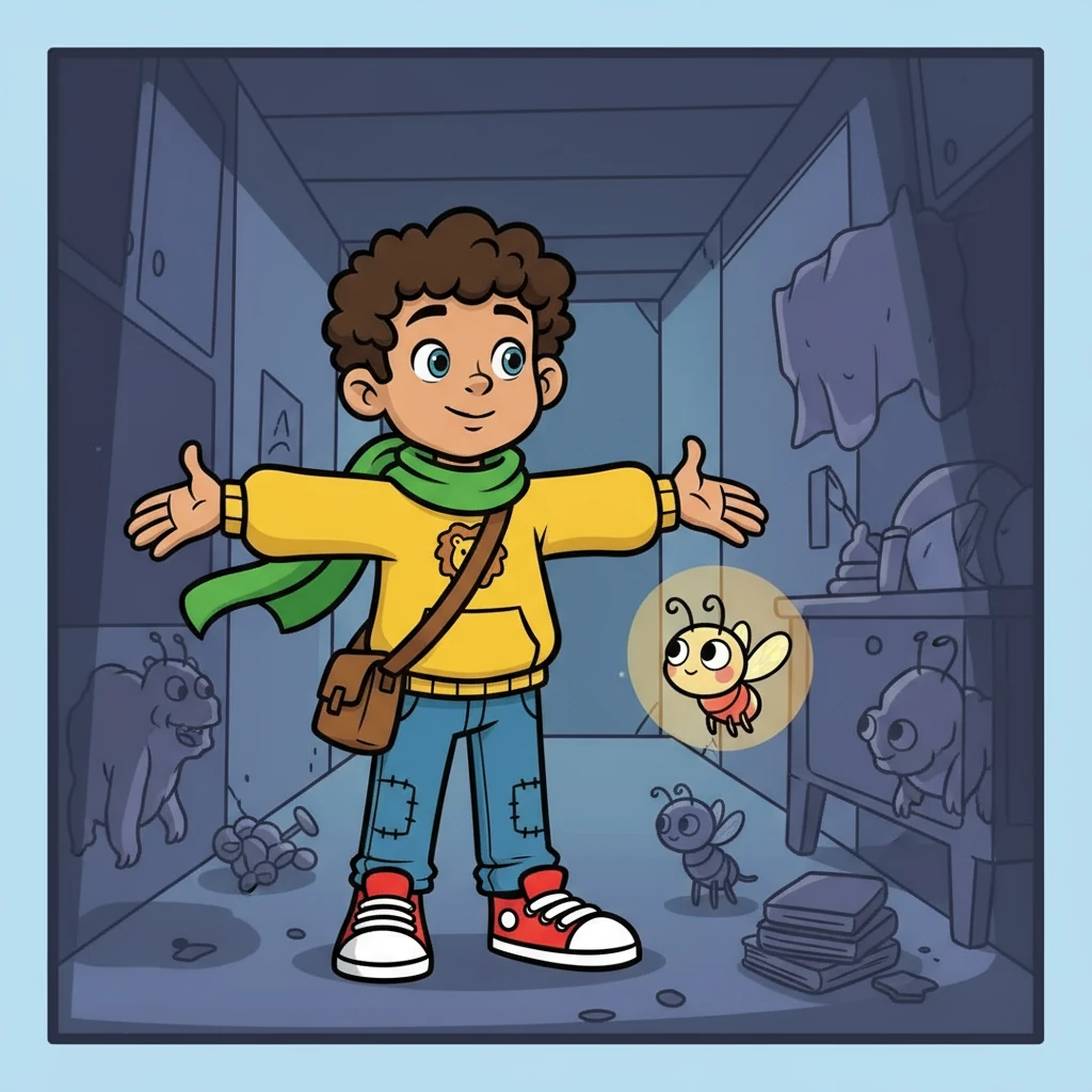 As Leo followed Lumi, the monstrous shapes in the shadows began to shrink. He realized they weren't so scary after all, just illusions created by his own anxious thoughts. He took a deep breath, and the knot in his stomach loosened, replaced by a sense of calm.