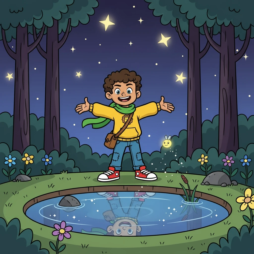 Lumi led Leo to a clearing where a small, sparkling pool of water reflected the stars. Leo looked into the water and saw his own reflection, but this time, he saw not fear, but a brave, determined boy. He smiled, feeling a new kind of strength blossoming inside him.