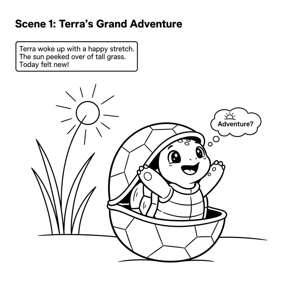 Terra the turtle woke up with a happy stretch. The sun peeked over the tall grass, inviting her to explore. Today felt like a day for something new an