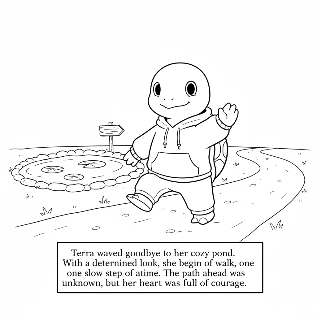 Terra waved goodbye to her cozy pond. With a determined look, she began to walk, one slow step at a time. The path ahead was unknown, but her heart wa