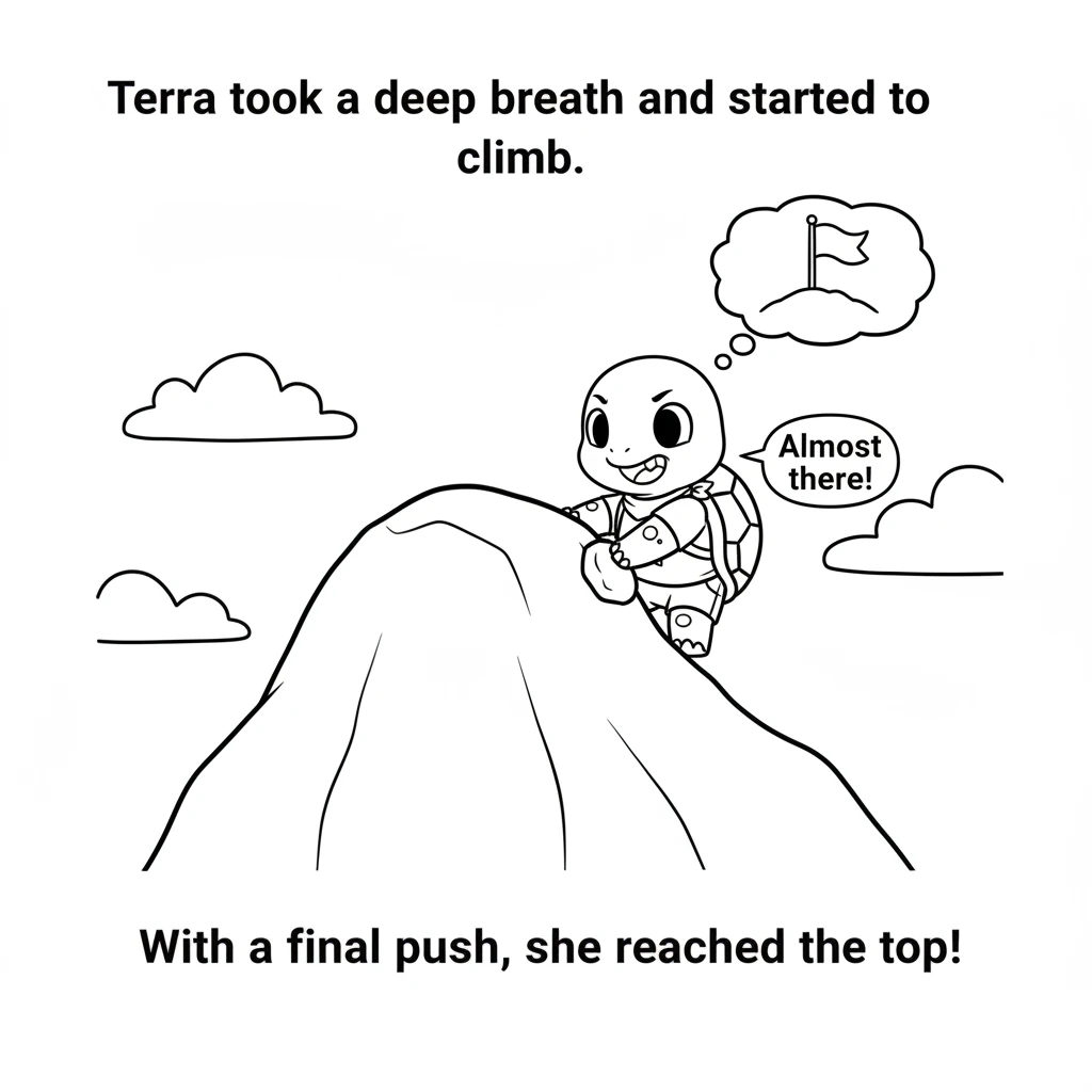 Terra took a deep breath and started to climb. Slowly, carefully, she pulled herself up and over the smooth surface. It was hard work, but she didn't