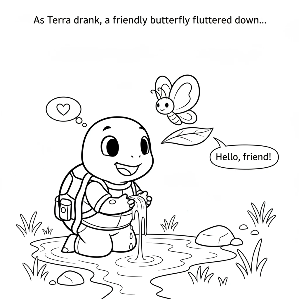 As Terra drank from the cool stream, a friendly butterfly fluttered down. It had big, simple wings and landed gently on a nearby leaf. The butterfly s