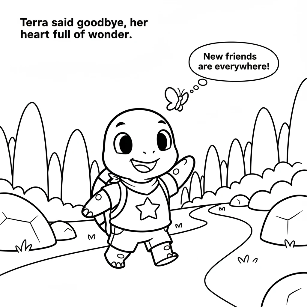 Terra said goodbye to her butterfly friend, feeling happy and refreshed. She continued her journey, knowing that new friends could be found anywhere.