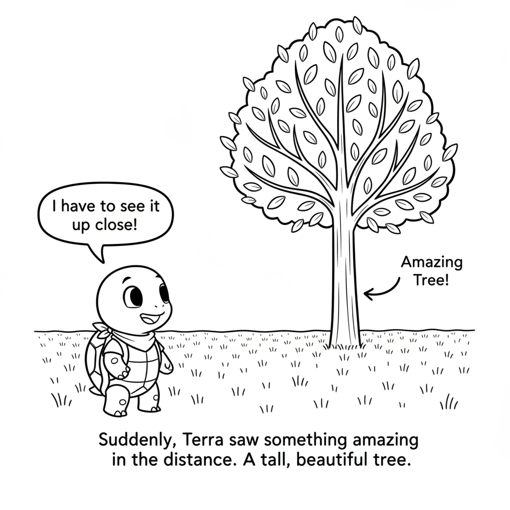 Suddenly, Terra saw something amazing in the distance. A tall, beautiful tree with branches reaching high into the sky. Its leaves looked like tiny gr
