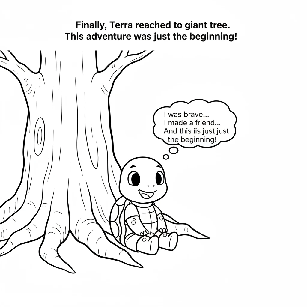 Finally, Terra reached the giant tree. She sat at its base, feeling proud of her long journey. She had been brave, made a friend, and discovered wonde