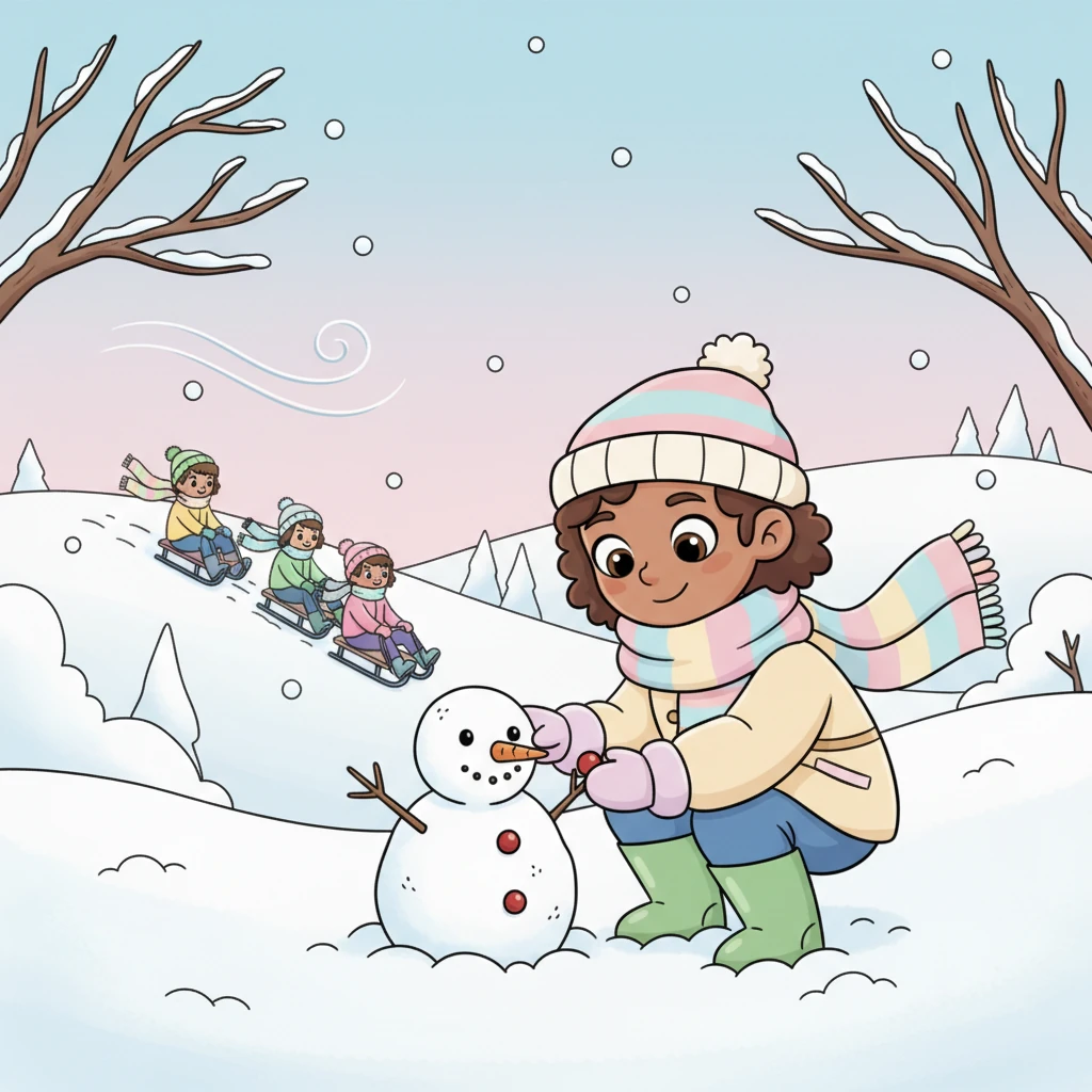 January brought sparkling snowdrifts and chilly winds that whistled through the bare branches. Pip bundled up in a cozy scarf, building a tiny snowman with a twig nose and berry buttons. She watched children sledding down hills, their laughter echoing like tiny bells in the crisp air. Inside, warm mugs of hot cocoa made the cold seem far away.