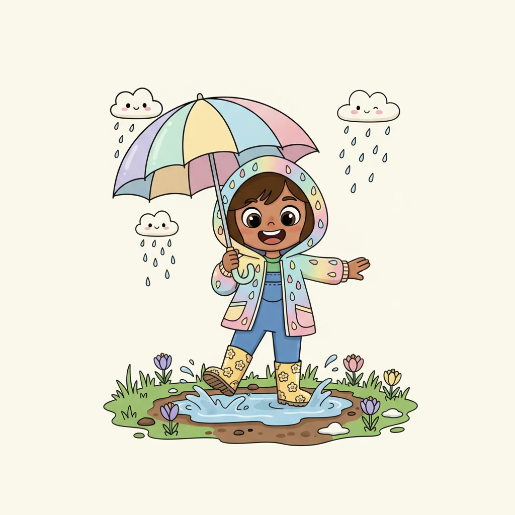 As March rolled in, gentle rains began to melt the last patches of snow, revealing tiny green shoots. Pip spotted the first brave crocuses pushing their colorful heads through the damp earth. April showers helped everything grow, painting the world in fresh shades of vibrant green. She loved splashing in puddles, feeling the cool drops on her nose.