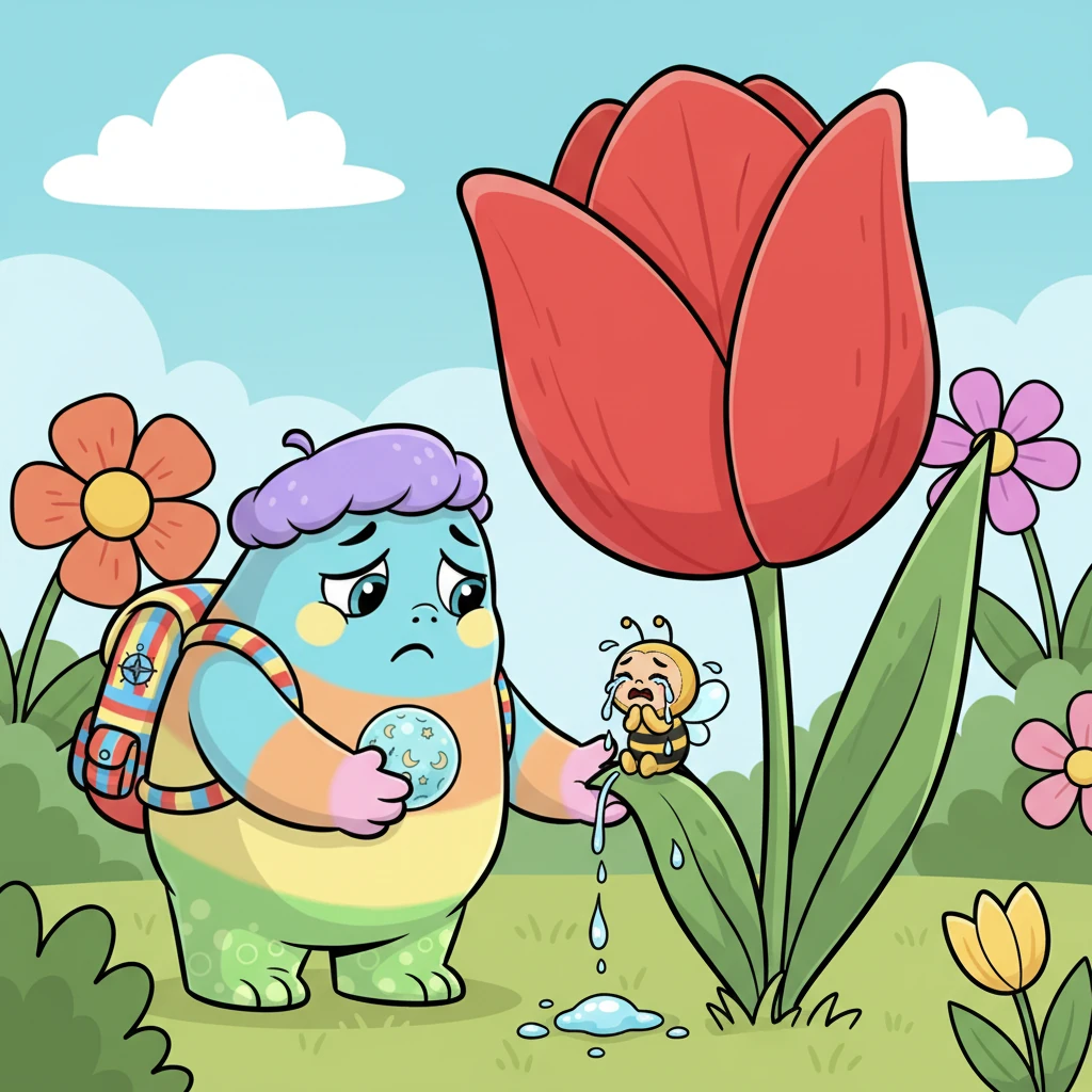 Deodată, bucuria lui Cocolosul a dispărut când, apropiindu-se să miroasă o lalea uriașă, a zărit o albinuță micuță plângând cu lacrimi mari, cât niște perle de rouă.