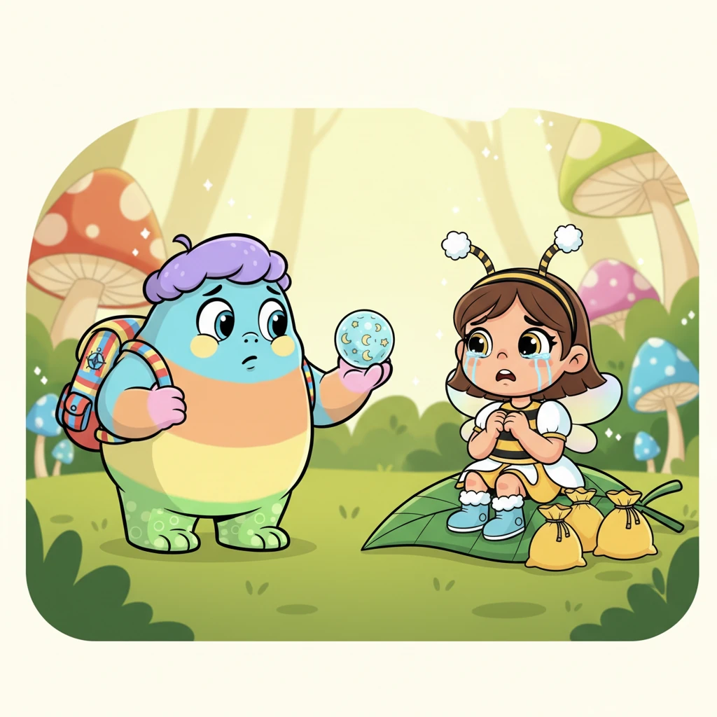 Cocolosul, uimit, a întrebat: „Cine ești tu? Și de ce plângi atât de tare?”. Albinuța, cu vocea tremurândă, i-a răspuns: „Sunt Mita Albinuța și mi-am pierdut săculeții cu polen pentru frățiorii mei mai mici”.