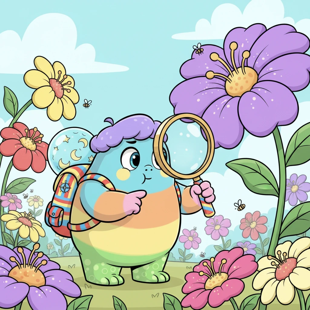 Victorios, Cocolosul a scos din traistuță o lupă mare, cu un mâner jucăuș. „Haide să căutăm acum!”, a spus el, și a început să examineze cu atenție fiecare petală, fiecare pistil, cu lupa la ochi.