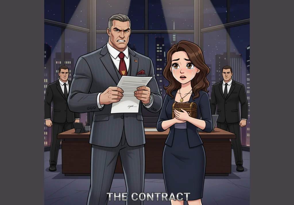 Arthur, the powerful CEO of a global corporation, stands in his glass-walled office, his gaze cold and focused on the city skyline. Elena enters quiet