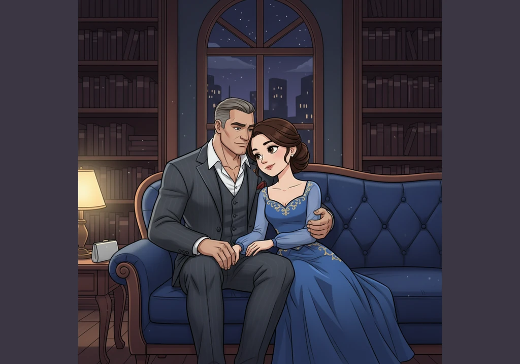 Late one evening, while the city lights twinkle like diamonds outside the window, Arthur and Elena share a rare moment of stillness over steaming cups