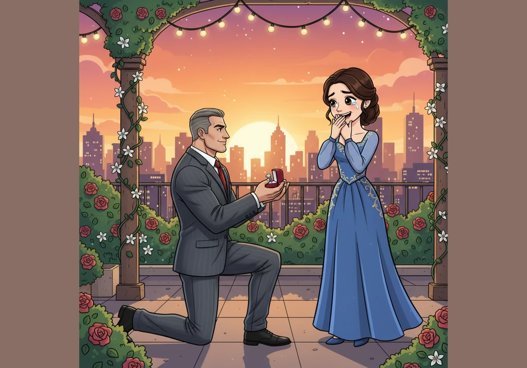 On the rooftop garden overlooking the moonlit city, Arthur finally confesses his love, admitting that Elena is the only one who truly sees the man beh