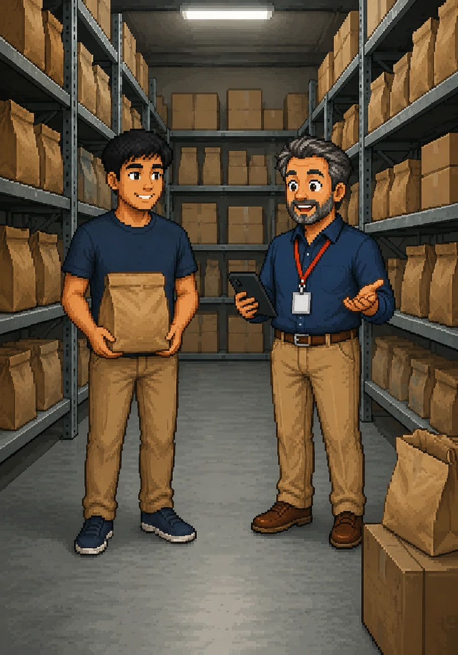 Inside, the bright, welcoming aisles had been replaced by tall, utilitarian metal shelving packed tightly with goods. There were no colorful displays or price tags, just rows of labeled boxes and brown paper bags waiting under stark fluorescent lights.