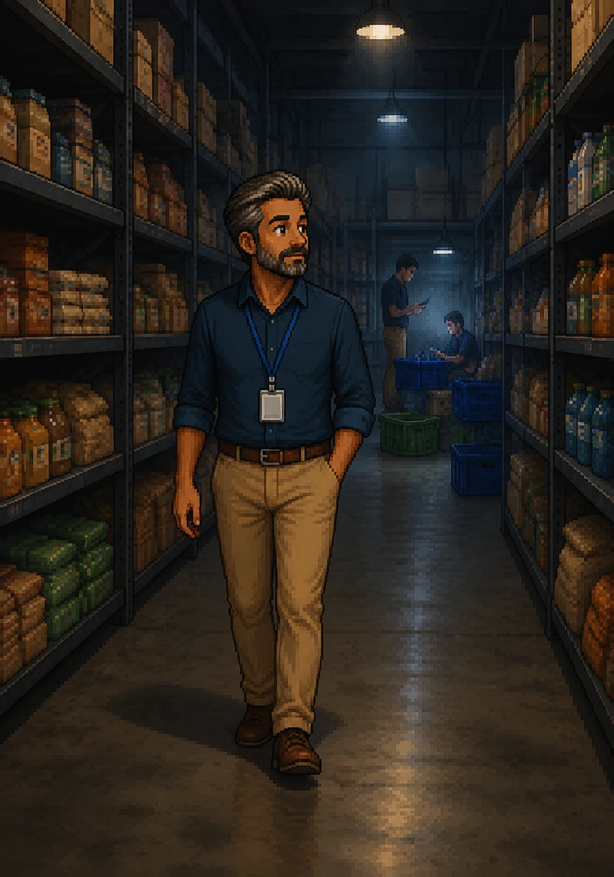 Arjun wandered deeper into the labyrinth of shelves, casually looking around for his usual groceries. The quiet clatter of plastic bins and the tapping of phone screens echoed from the back of the dimly lit warehouse.