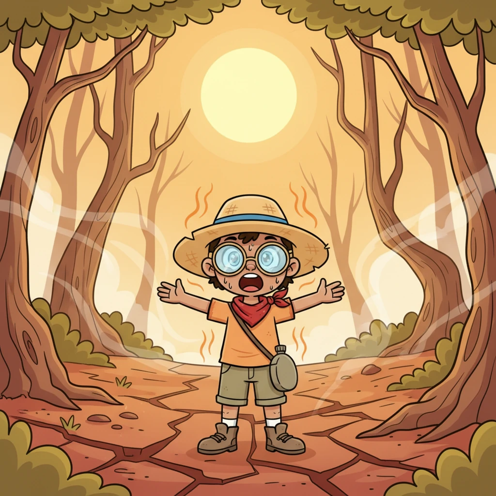 The sun blazed high above a parched forest, casting shimmering heat waves that danced above the cracked, dry earth. Tall, ancient trees stood like silent sentinels, their leaves curled and brittle. It was a truly sizzling summer day.