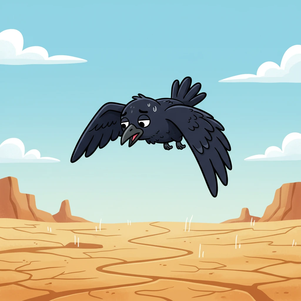 High above, a little black crow named Pip flew slowly, his wings drooping with exhaustion. His tiny eyes scanned the vast, dry landscape below, searching desperately for even a single drop of water. Pip felt very, very thirsty.