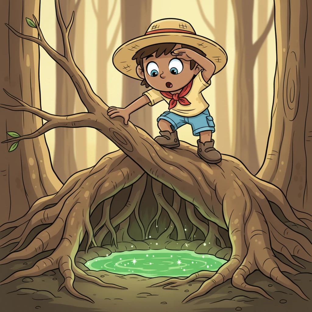 Suddenly, a tiny sparkle caught Pip's eye far below, nestled deep within a tangle of gnarled roots. It was a vibrant splash of green, shimmering ever so slightly against the dusty brown. Could it be... water?