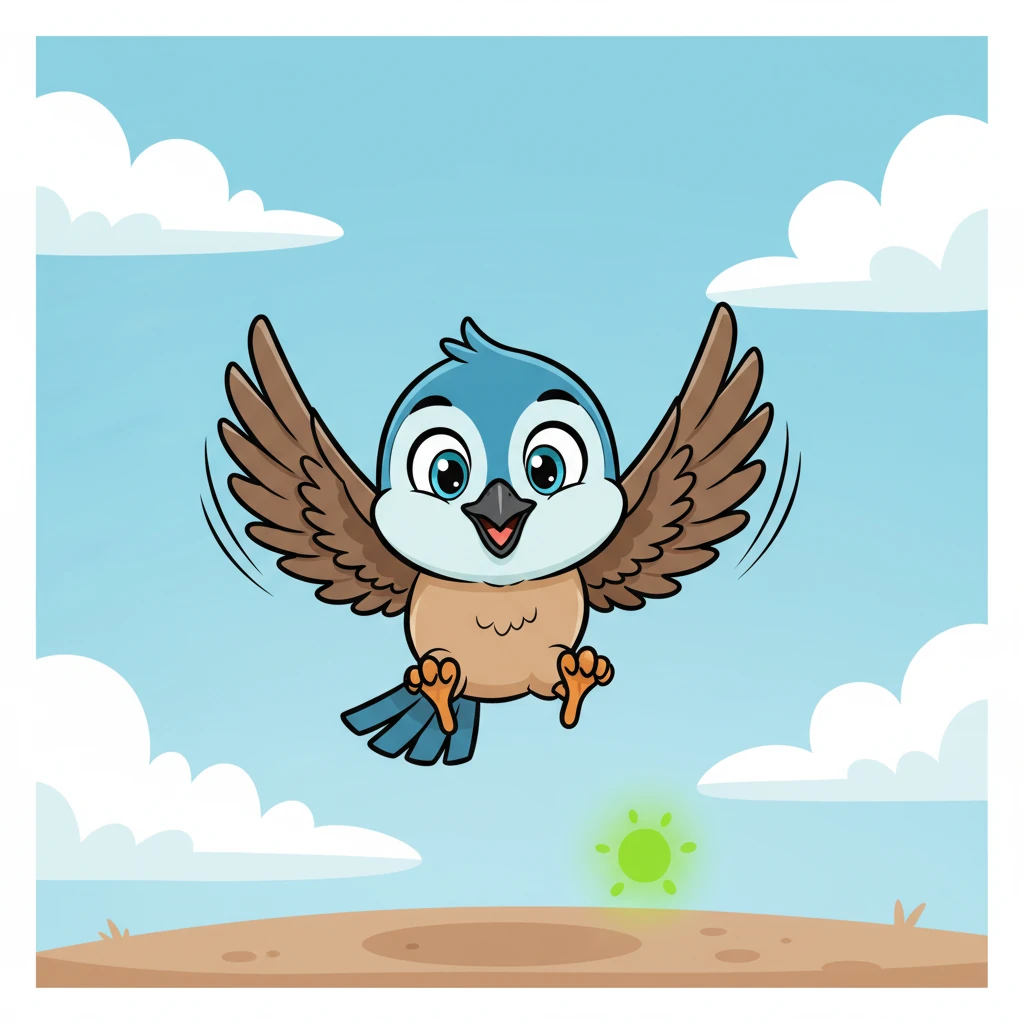 With a hopeful squawk, Pip flapped his wings with renewed vigor, diving headfirst towards the mysterious glimmer. He tumbled a bit in his excitement, but quickly righted himself, beak pointed squarely at the green spot.