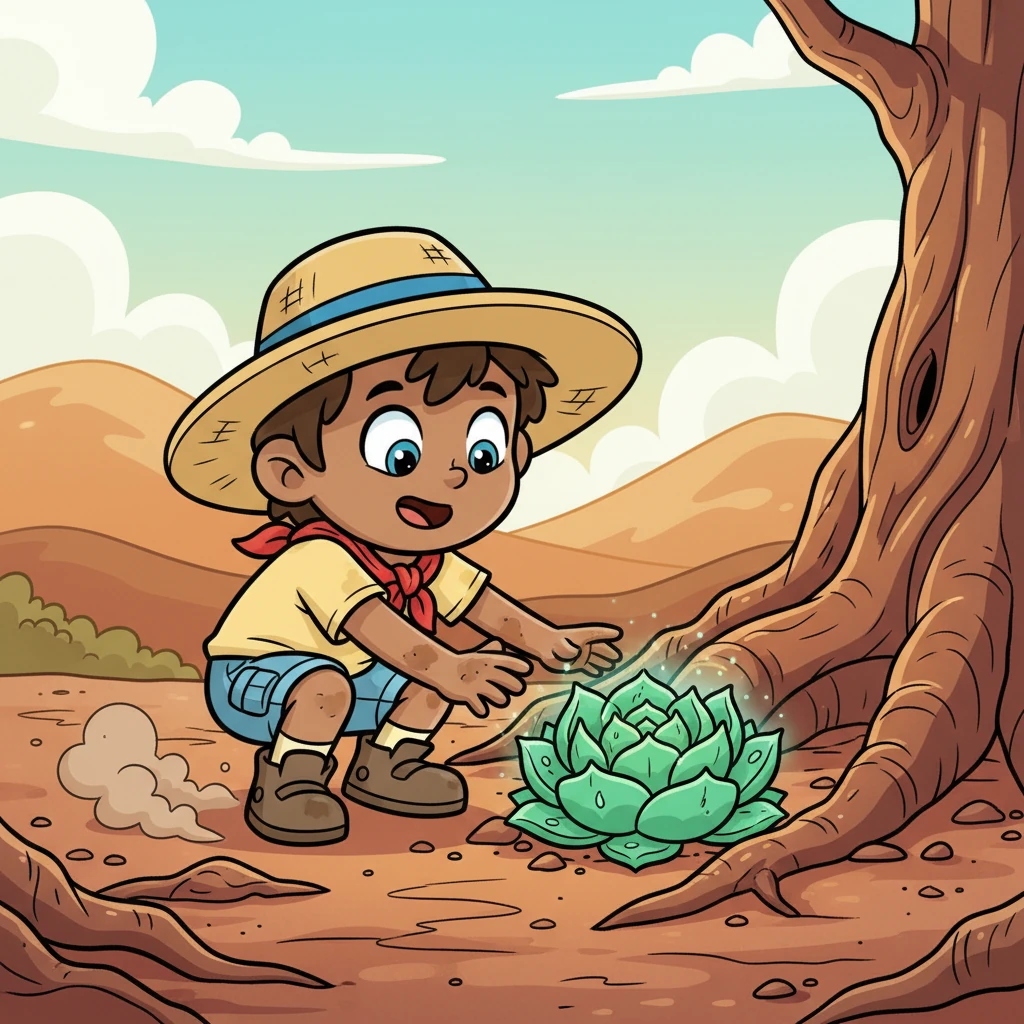 Pip landed with a soft, dusty thump right next to the ancient roots. To his delight, the shimmering green was a plump, dewy succulent plant, glistening coolly amidst the arid ground. It looked so fresh and inviting!