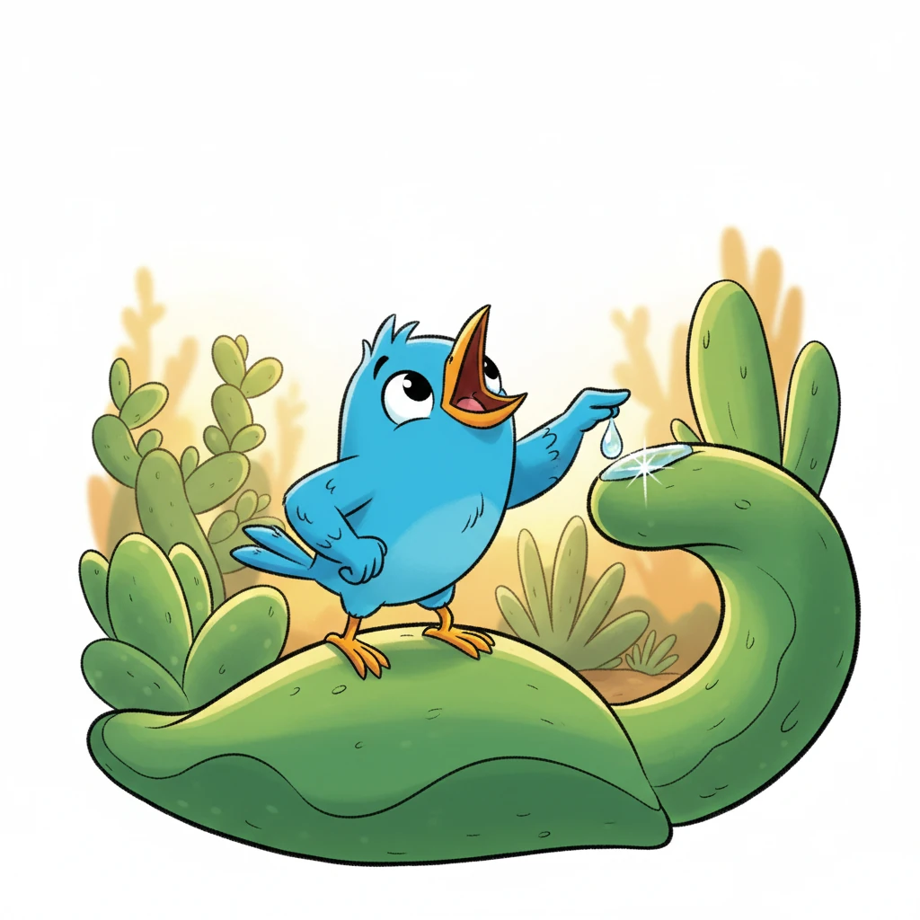 Carefully, Pip tapped the succulent with his beak. A perfect, round drop of water detached itself, rolling slowly down the waxy leaf like a tiny, sparkling jewel. Pip opened his beak wide, ready to catch his prize.