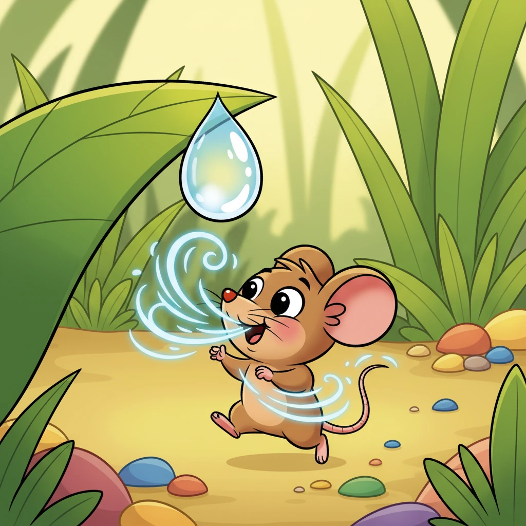 SLURP! Pip gulped down the precious dewdrop, and a wave of cool refreshment washed over him. His eyes widened with surprise and joy, and a happy little shimmy ran through his whole body. He felt a burst of brand-new energy!