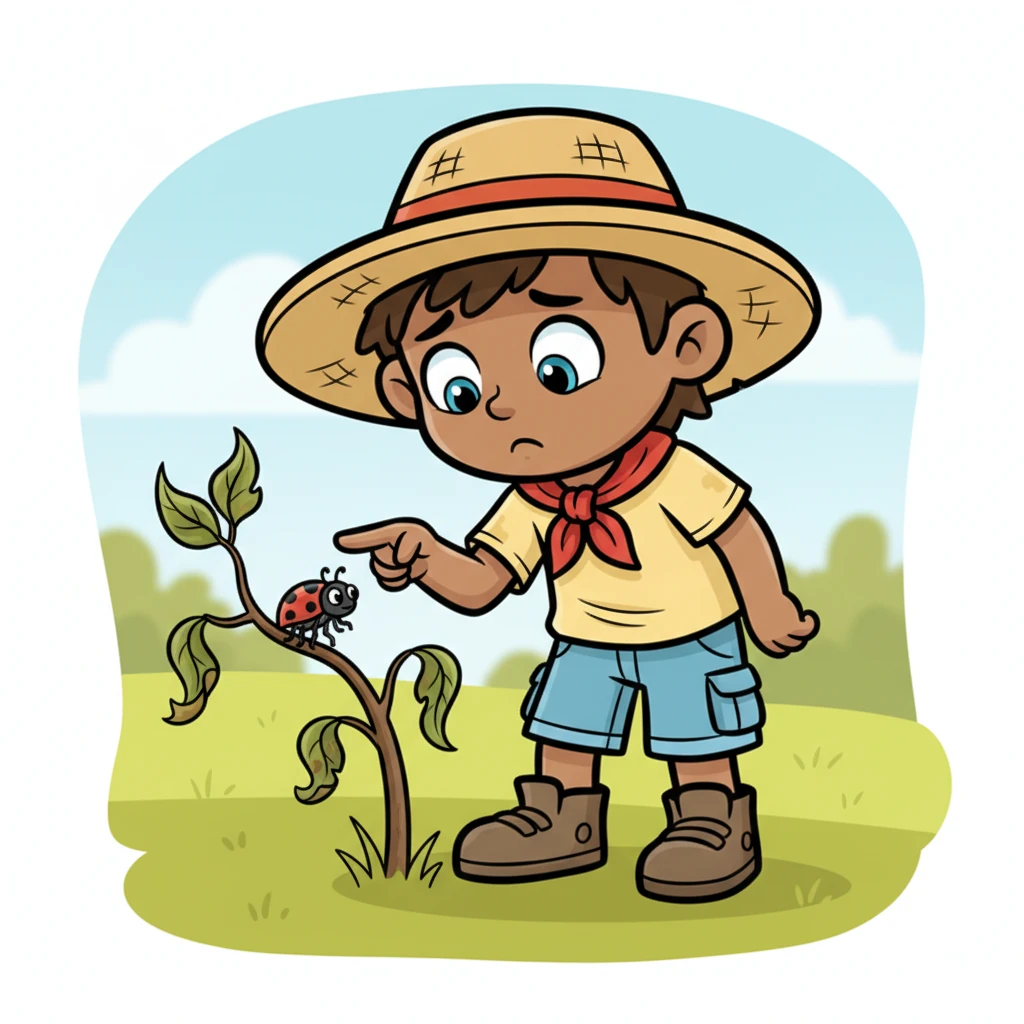 Feeling much better, Pip looked around. He noticed a tiny, wilting ladybug struggling on a nearby twig, looking just as parched as he had been. Pip's kind heart felt a pang of sympathy.