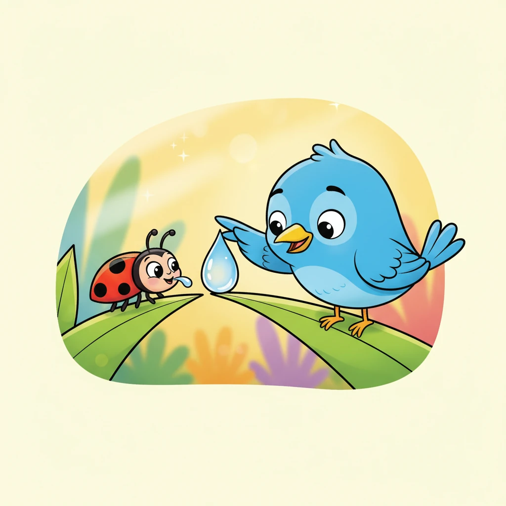 With a gentle nudge, Pip tapped the succulent again. Another beautiful water drop formed, and Pip carefully guided it with his beak towards the thirsty ladybug. The little ladybug happily sipped the refreshing gift.