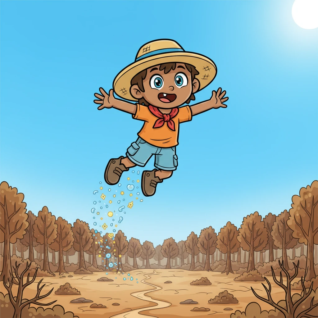 Refreshed and full of pep, Pip soared into the sky, circling above the dry forest. He was a little hero with a big heart, ready to explore new ways to find water and share kindness, leaving a tiny, hopeful trail wherever he flew.