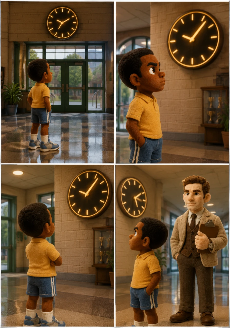 The morning air inside Grand Concourse Academy Charter School is exceptionally calm and orderly. Bright digital clocks glow on the walls, silently tracking every passing second as the start of the school day draws near. Jeremy, a determined Black boy, stands at the main entrance, looking up at the numbers with an intense focus.