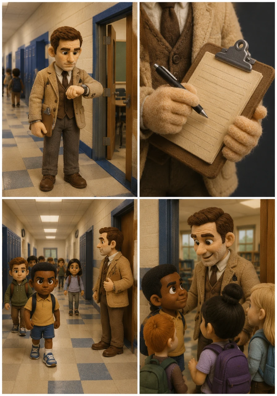 Up on the third floor, Dr. Westcott, a sharp and incredibly punctual white teacher, stands right at the doorway of his homeroom. With his clipboard in hand and a watchful eye on his watch, he is completely ready to welcome his students the exact moment the day begins.