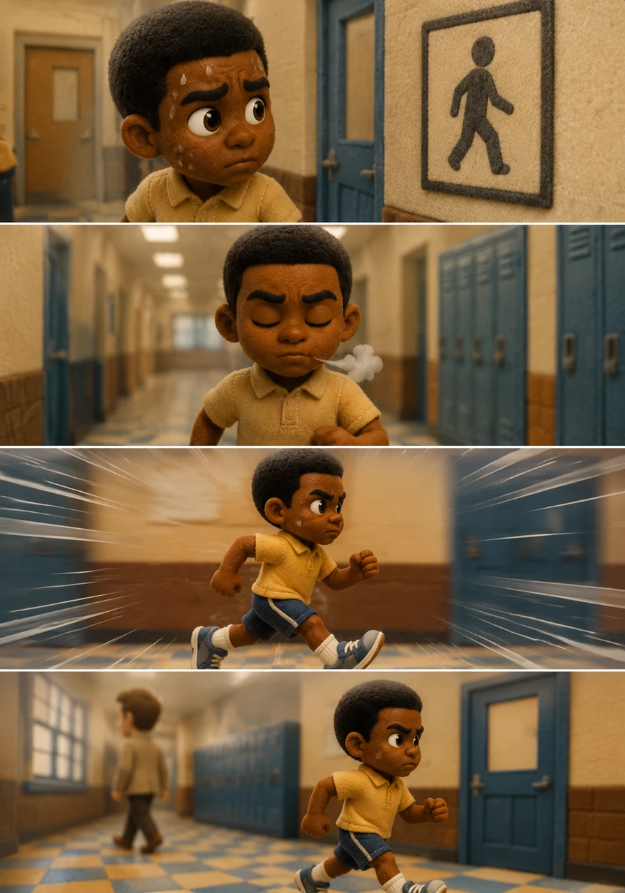 Jeremy's heart beats fast, and his first instinct is to burst into a full sprint down the corridor. However, he quickly stops himself, remembering the strict school rule that running in the hallways leads to even bigger trouble. He takes a deep breath, locks his eyes forward, and decides to walk as fast as humanly possible instead.