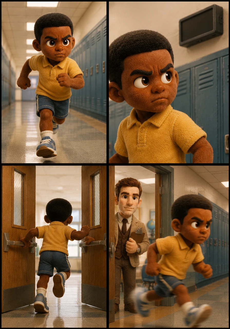 With long, powerful strides, Jeremy marches down the first-floor hallway, keeping his body controlled but moving with incredible urgency. His sneakers squeak against the polished floor as he passes rows of lockers, his eyes darting to the next silent digital clock along the wall.