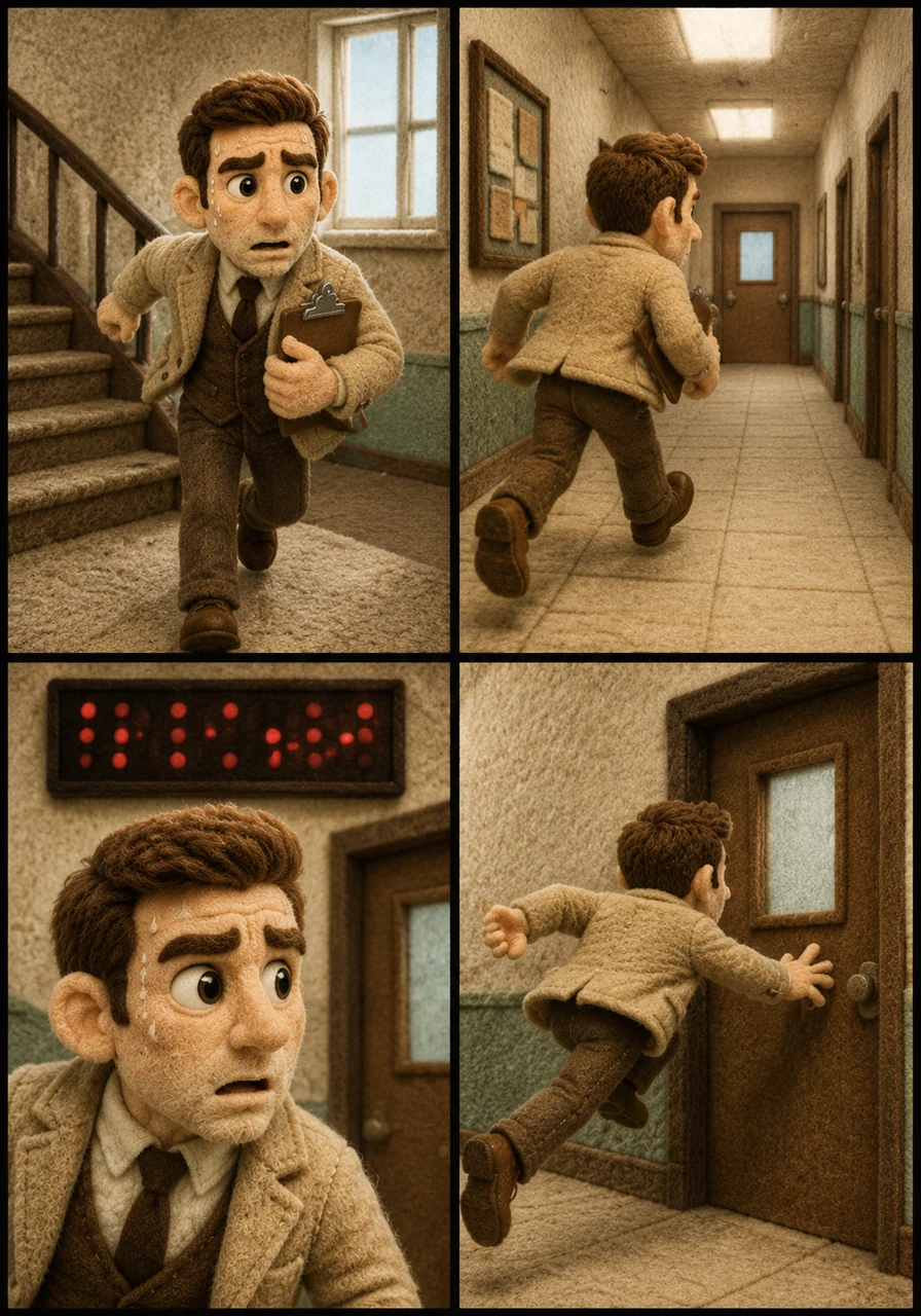 Bursting onto the third-floor landing, Jeremy catches sight of the homeroom door just a short distance away. The digital clock right above the doorway flashes 8:09:55, giving him a mere five seconds before the deadline hits.