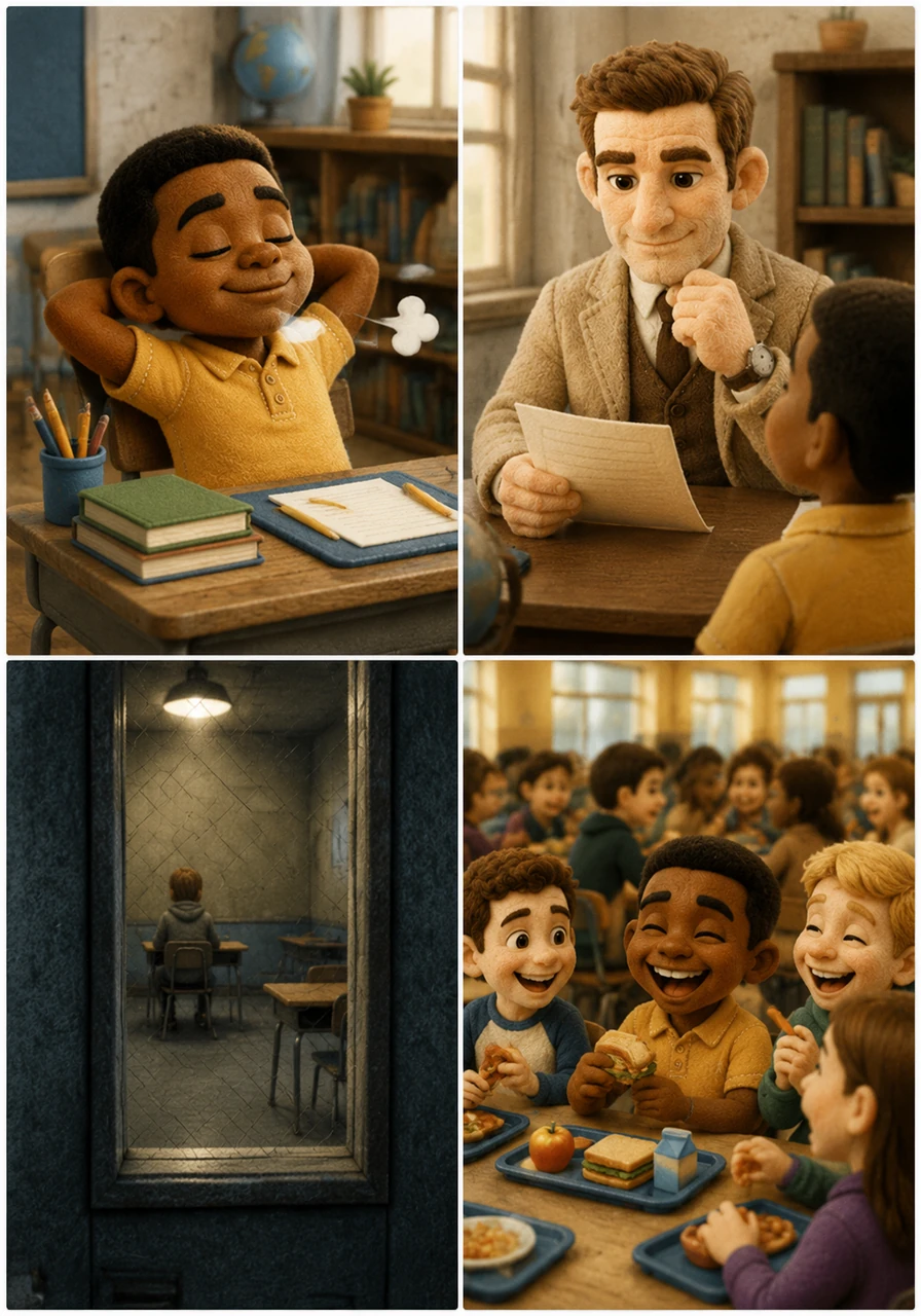 Sitting comfortably at his desk, Jeremy takes a long, deep breath and smiles to himself as he realizes his discipline saved his entire afternoon. Thanks to his focus and respect for the rules, he won't be trapped in a silent detention room; instead, he will be in the cafeteria laughing and playing sports with his friends.