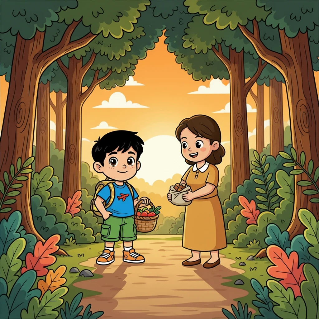 Budi memutuskan untuk pergi mencari buah-buahan di hutan. Ia berpamitan kepada ibunya dan berjanji akan kembali sebelum matahari terbenam. Ibunya tersenyum dan memberikan bekal makanan untuk Budi, sambil mengingatkannya untuk berhati-hati.