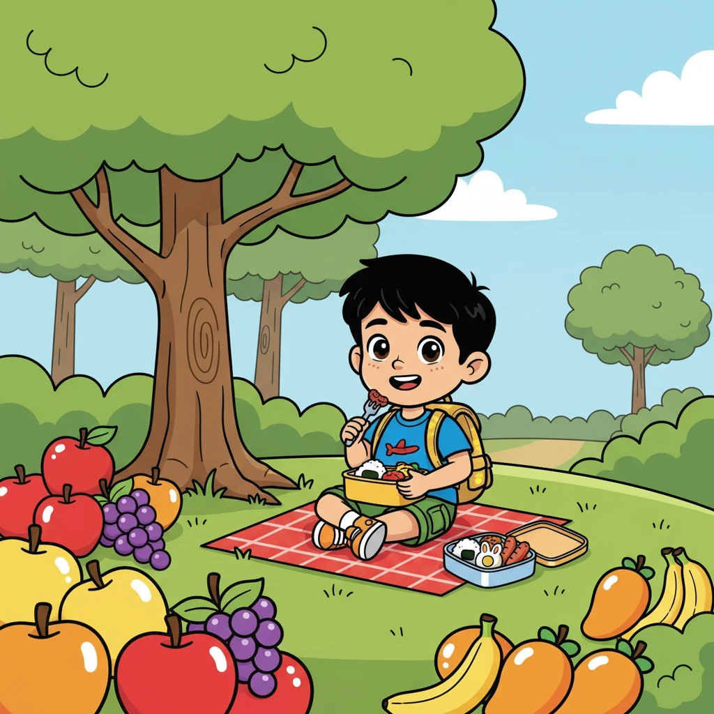 Saat istirahat, Budi teringat pesan ibunya untuk selalu berhati-hati. Ia membuka bekal makanannya dan menyantapnya dengan lahap. Sambil makan, ia melihat sekelilingnya dan menemukan banyak buah-buahan yang lezat.