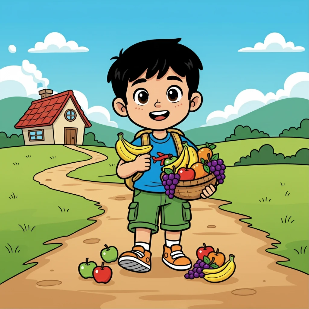 Budi berhasil mengumpulkan banyak buah-buahan. Ia merasa bangga karena bisa melakukannya sendiri. Dengan senyum lebar, ia berjalan pulang ke rumah, membawa hasil jerih payahnya.