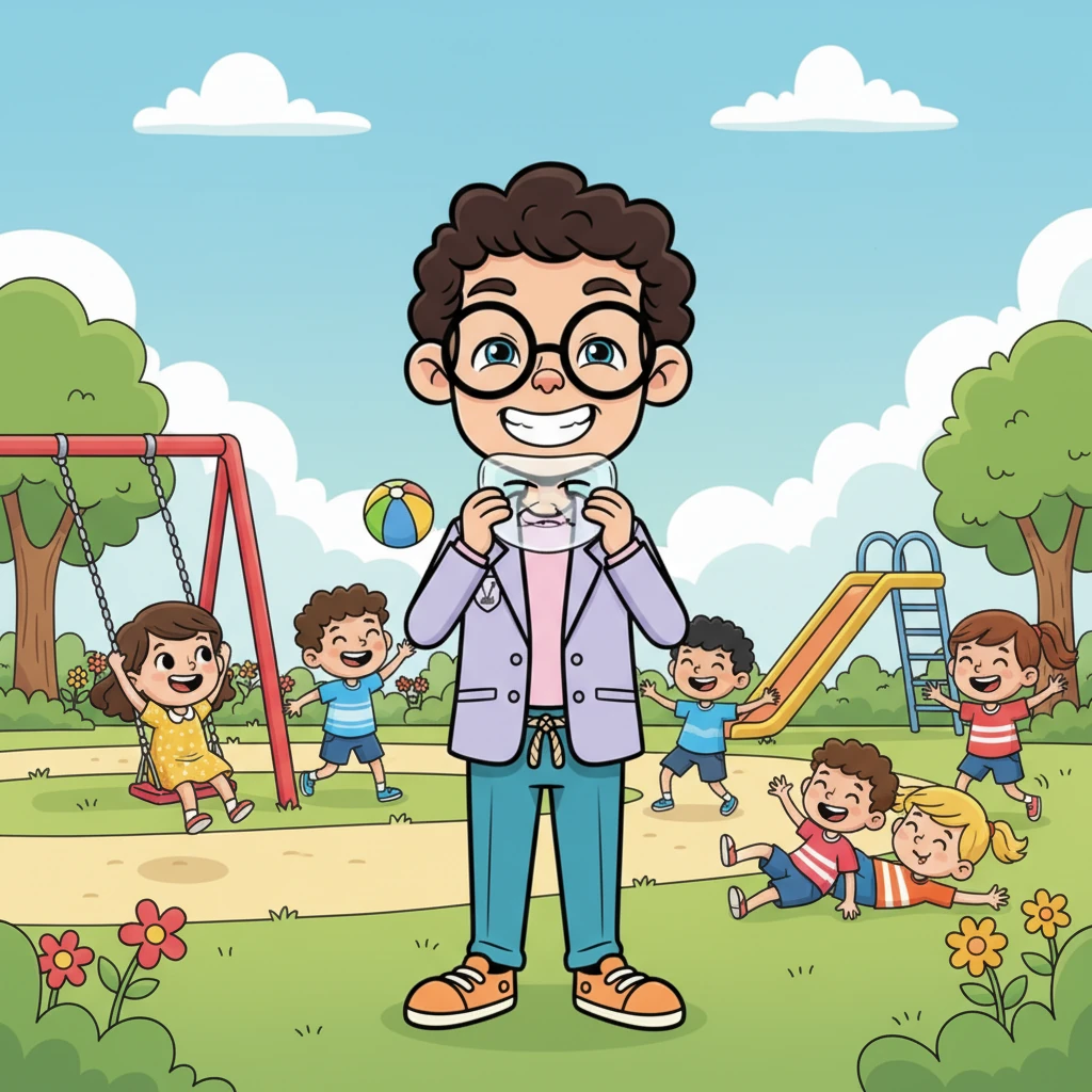 Leo, a cheerful-looking boy with round, expressive eyes, stands in a bustling park, surrounded by friends who are all laughing and playing. He forces a wide, slightly strained smile, holding a tiny, almost invisible mask up to his face as he tries to mimic their joy, feeling a little lost despite the fun.